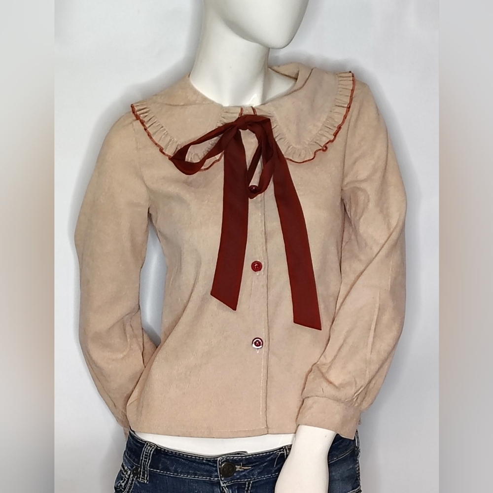 Elegant Beige Corduroy Blouse w/ Red Bow & Buttons Sz Xsmall